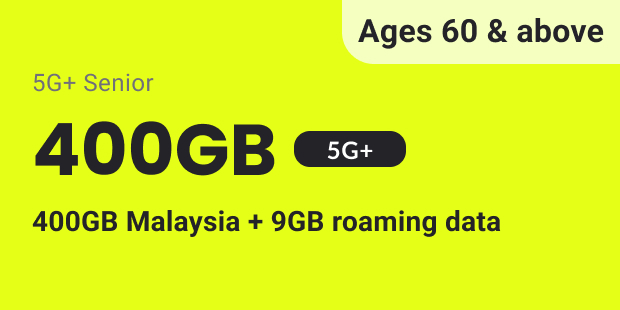 GOMO 5G+ Senior Mobile Plan: 400GB 5G+ local data with 400GB Malaysia + 9GB data roaming