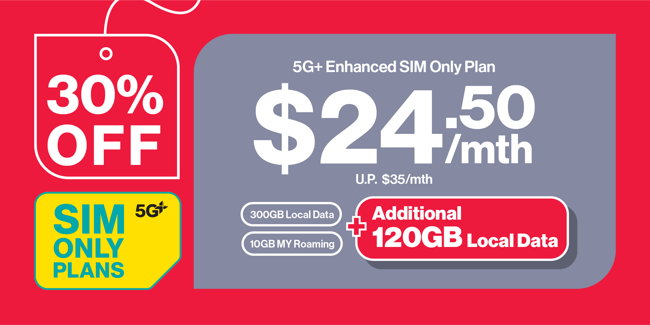 30% OFF Singtel 5G+ Enhanced SIM Only Lite plan that comes with 420GB of SG + 10GB of M'sia Roaming at $24.50/mth.