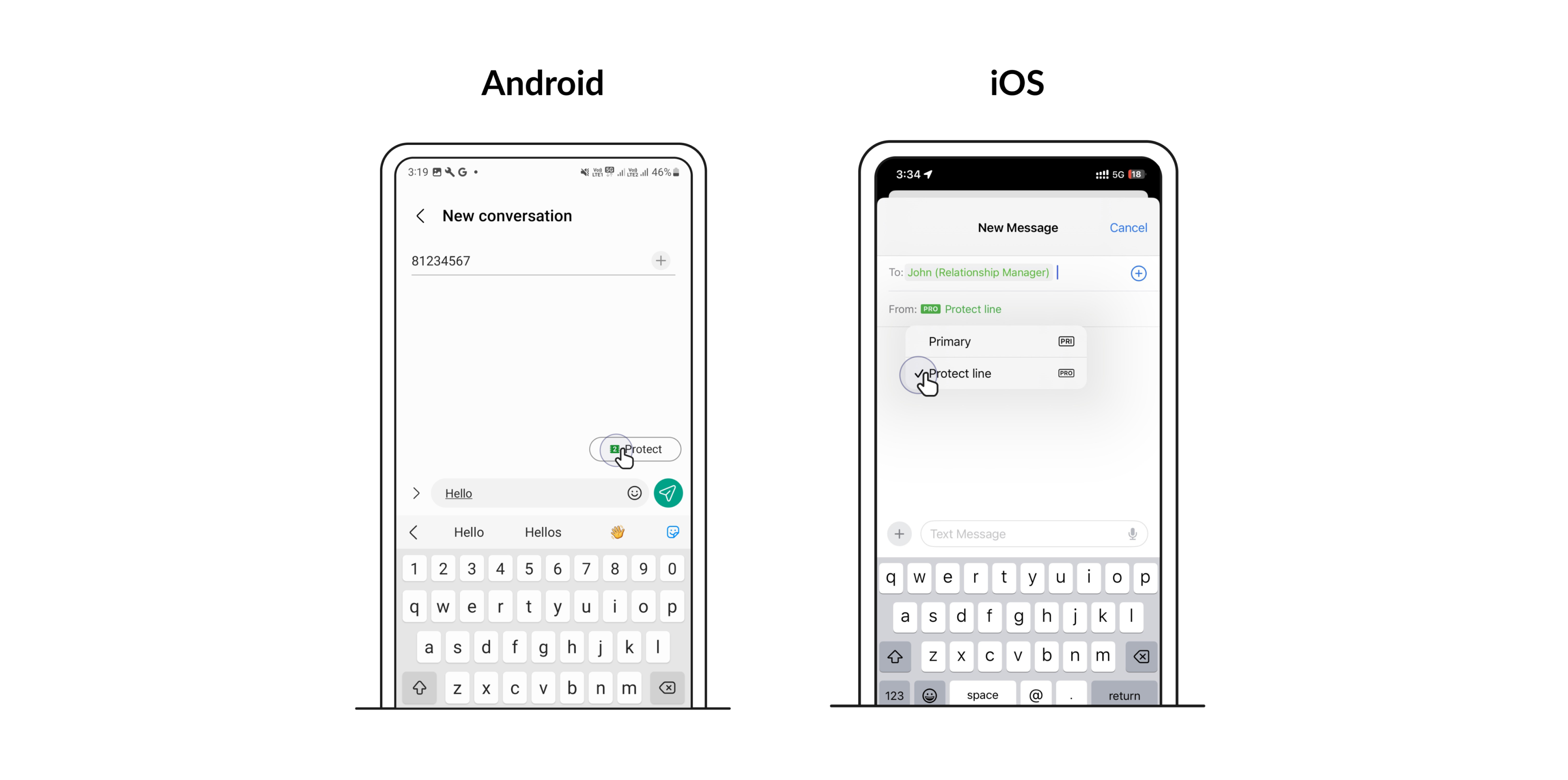 How to select Protect eSIM line to send text from on Android and iOS