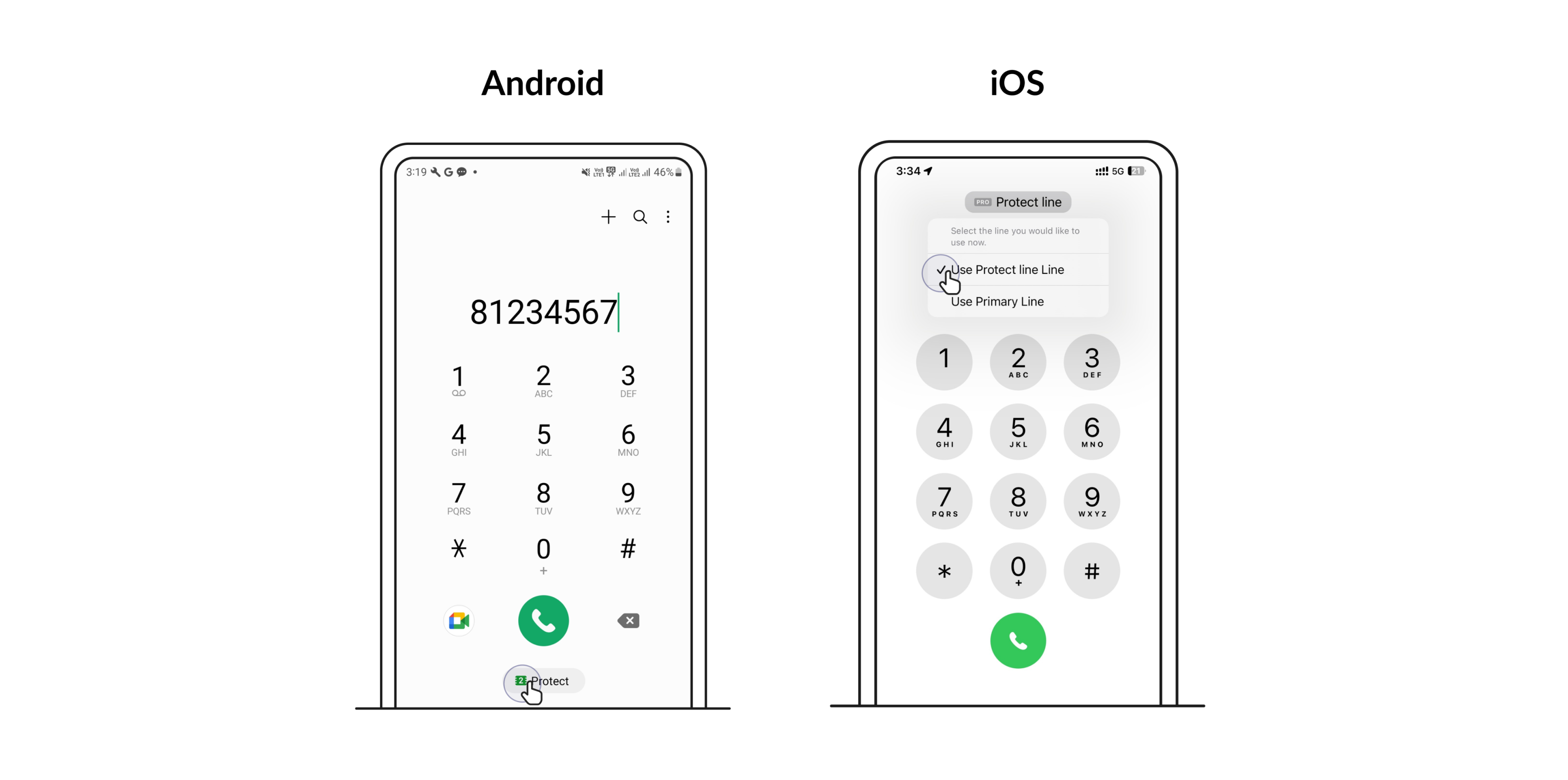 How to select Protect eSIM line to make calls from on Android and iOS
