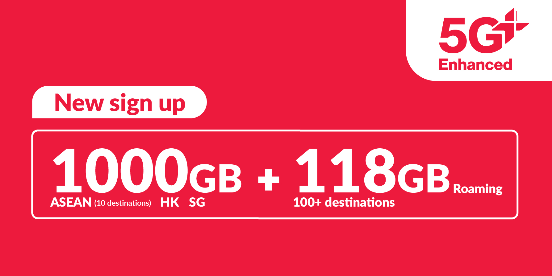 1000GB 5G+ (700GB ASEAN, Hong Kong and Singapore + 100GB Asia roaming data China, South Korea, Japan + 18GB Worldwide roaming data)