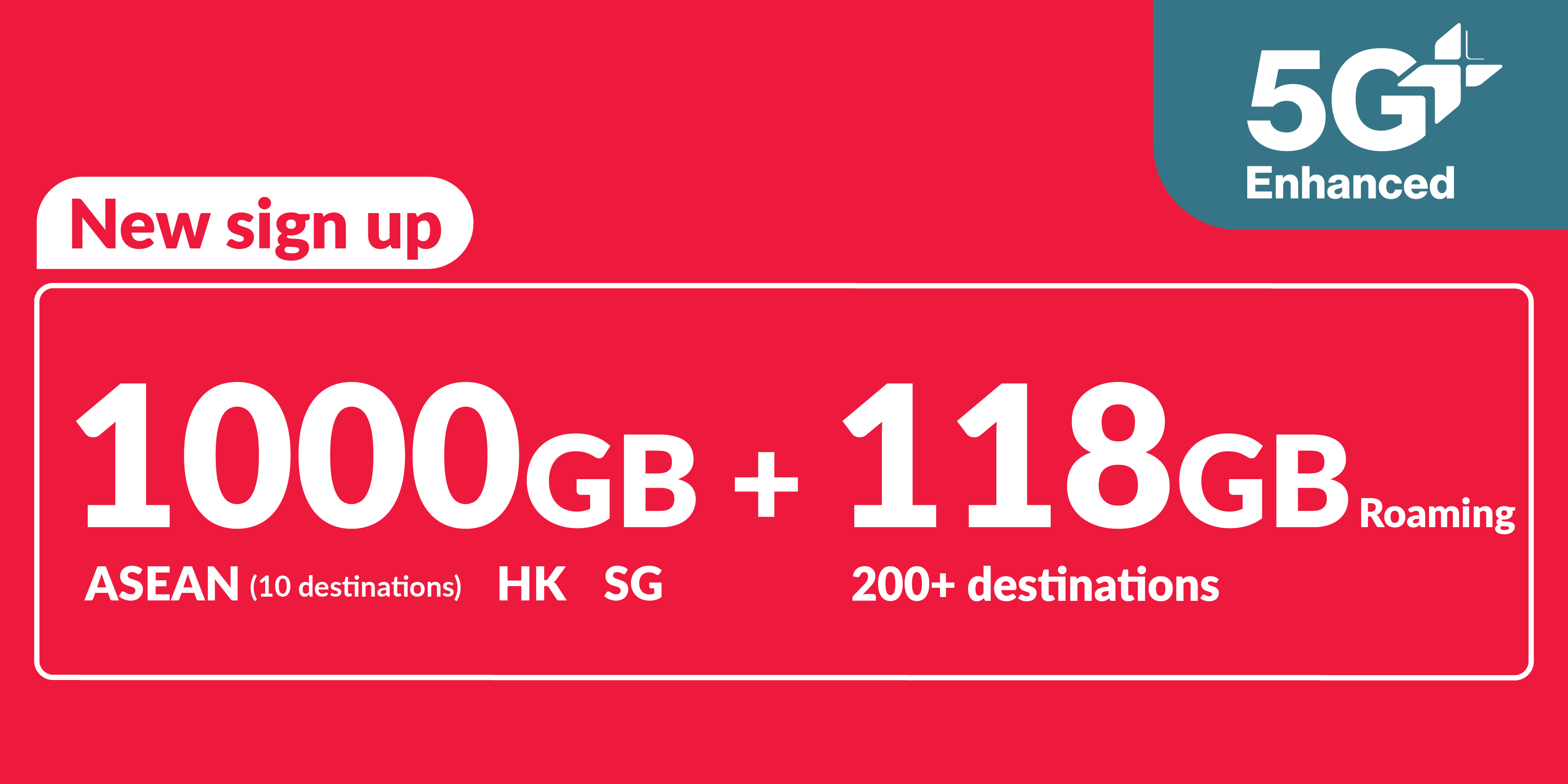 1000GB 5G+ (700GB ASEAN, Hong Kong and Singapore + 100GB Asia roaming data China, South Korea, Japan + 18GB Worldwide roaming data)