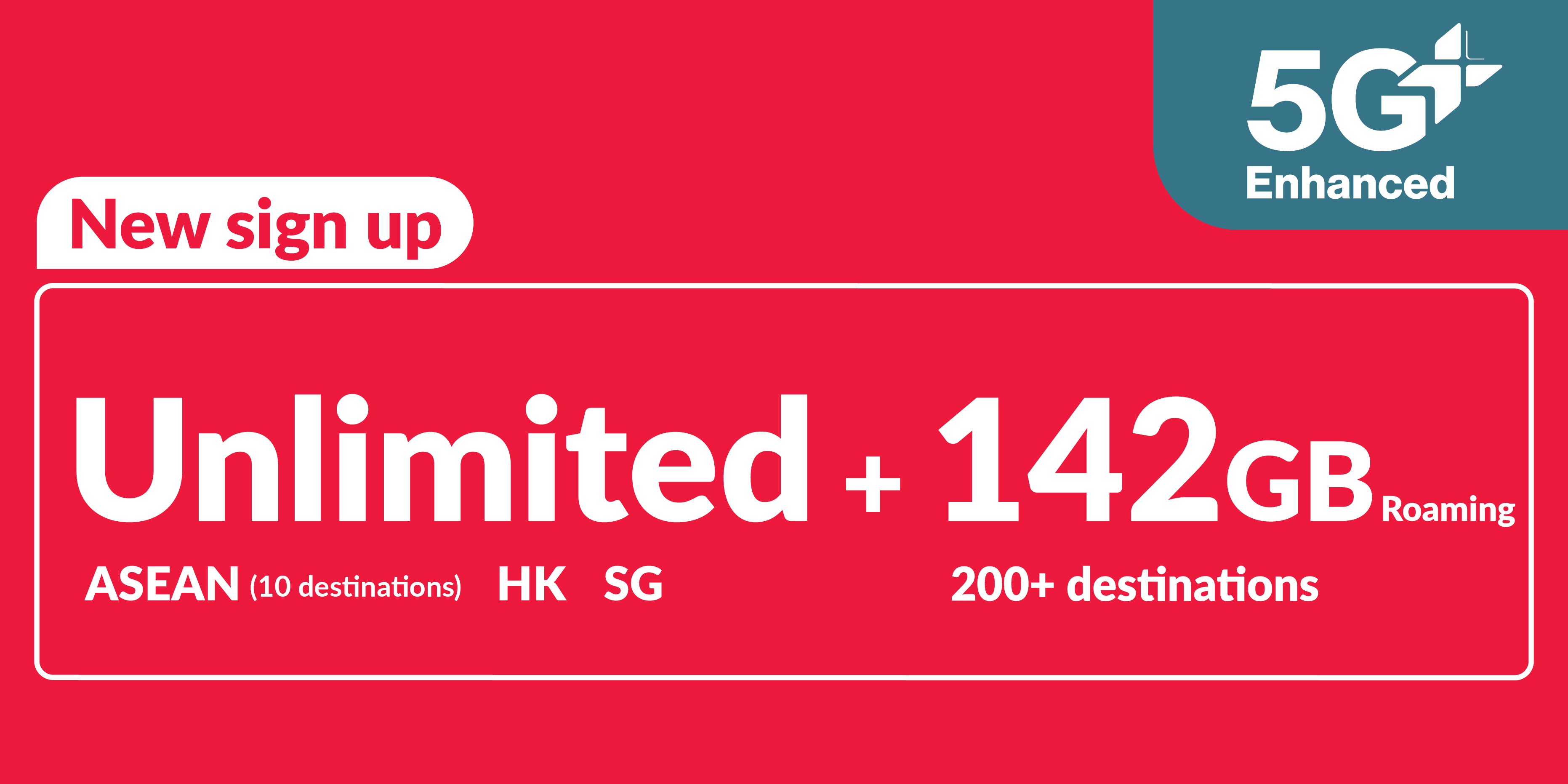 Unlimited* 5G+ Enhanced (ASEAN, Hong Kong and Singapore + 120GB roaming data Asia, China, South Korea, Japan + 22GB Worldwide roaming data)